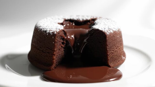 Molten Chocolate Lava Cake - A delicious chocolate lava cake with a warm, melted chocolate center is shown on a white plate.