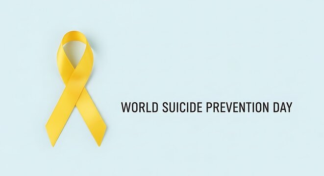 A yellow ribbon is displayed on a light blue background with the words world suicide prevention day written next to it, symbolizing hope and support for mental health awareness - Powered by Adobe