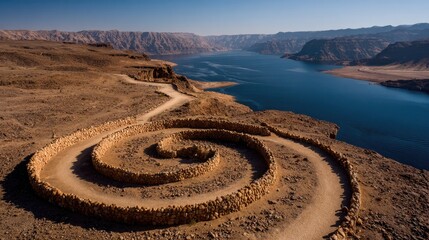 Desert spiral overlooking lake