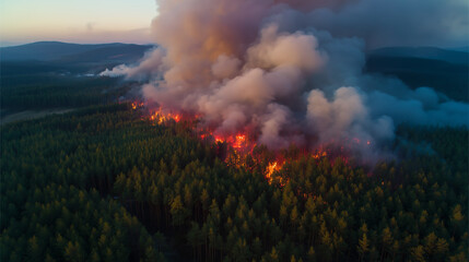 Fototapeta premium Aerial view of massive forest wildfire with flames and thick smoke rising over dense green trees during natural disaster 