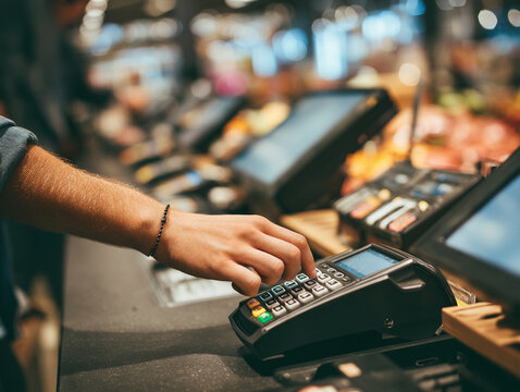 Customer using a payment terminal in a bustling grocery store during daytime