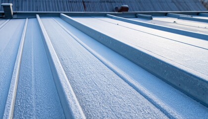 Naklejka premium Frosty Metal Roof with Morning Light and Textured Surface Detail