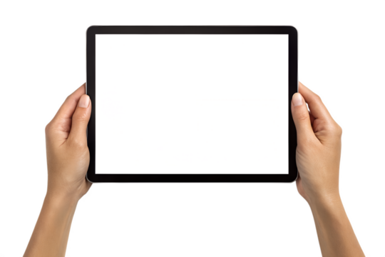 Hands holding a blank tablet computer screen isolated on transparent background