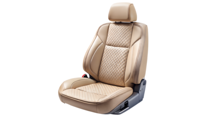 Beige leather car seat isolated on transparent background, featuring a quilted pattern and modern design for automobile interior comfort