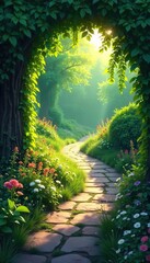 Obraz premium A winding, stone garden path meanders through lush greenery, leading towards a sun-dappled area Perfect for illustrating tranquility, nature, or escape , greenery, sunlight, summer