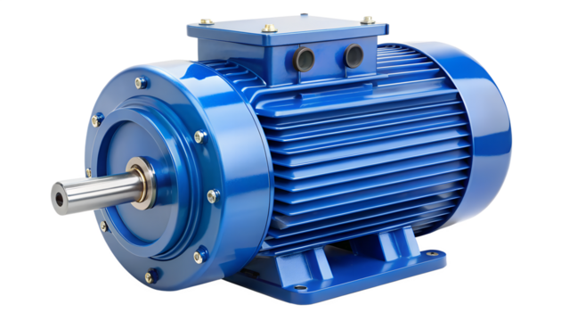 Blue electric motor isolated on transparent background, a powerful industrial machine for energy generation and automation in manufacturing