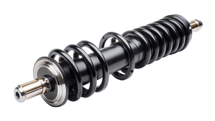 Close up of a black coil spring shock absorber isolated on transparent background, showcasing automotive suspension system and damping mechanism