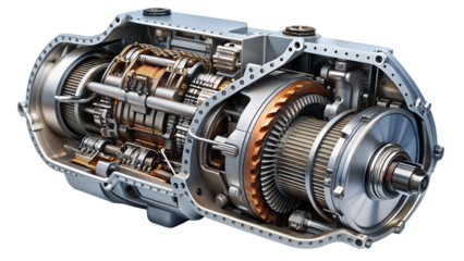 Detailed cutaway of an automotive transmission isolated on transparent background, revealing intricate gears and mechanical components