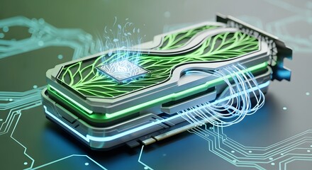Futuristic computer hardware with glowing green circuitry and blue energy flow
