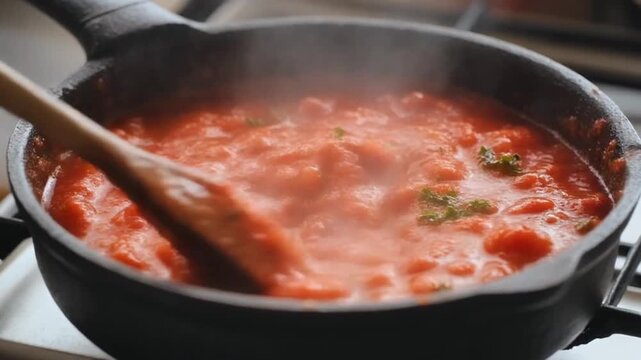 Tomato sauce simmering in pan being stirred with wooden spoon in kitchen - Powered by Adobe