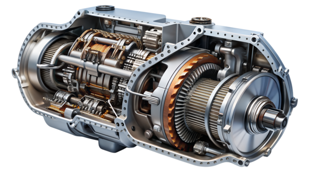 Detailed cutaway of an automotive transmission isolated on transparent background, revealing intricate gears and mechanical components