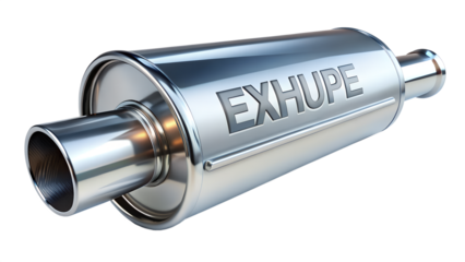 Shiny stainless steel car exhaust muffler with the word exhupe isolated on transparent background, showcasing its design and automotive function