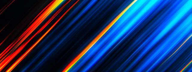 Bright neon stripes of fire and ice in blue and orange weaving at an angle on a dark background ideal for technology presentations advertising and discount promotions with a dynamic vibe