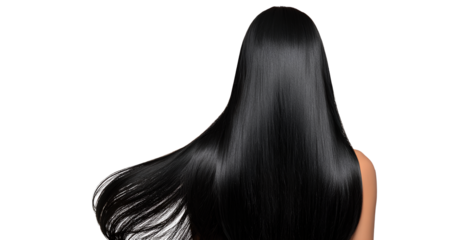 beautiful indian woman with long black hair, healthy straight hair isolated on transparent background