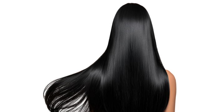 beautiful indian woman with long black hair, healthy straight hair isolated on transparent background