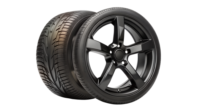 Two black car tires with fivespoke rims isolated on transparent background, displaying their tread patterns and automotive design elements