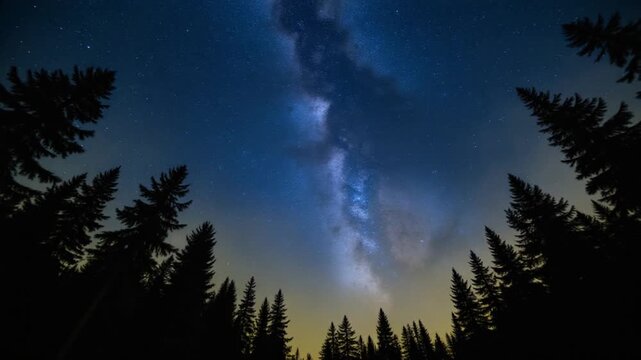 Milky Way stars with moonlight above pine trees forest