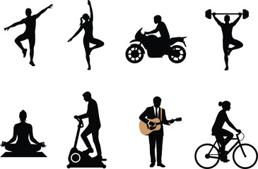 Lifestyle silhouette collection featuring people engaged in various activities like exercise, yoga, music, and sports against a white background.