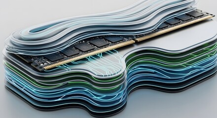 Abstract digital art of stacked computer memory modules with flowing lines