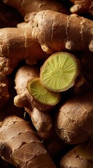 Close-up view of multiple fresh ginger roots, with one piece cut to reveal its vibrant yellow interior and texture.