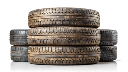 A stack of used car tires isolated on transparent background, showing wear and tear, with a focus on the tread and rubber material