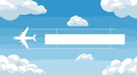 Airplane traveling through a clear blue sky with fluffy white clouds and a banner for text