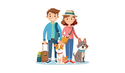 Happy couple with two dogs ready for vacation adventure