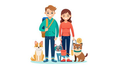 Young couple with three dogs enjoying a walk together outdoors