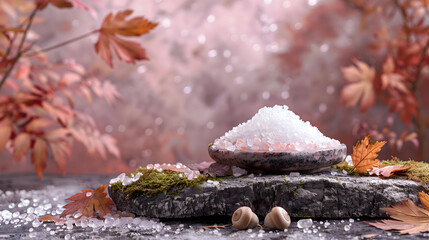 Relaxing natural bath salts arranged with autumn leaves on rustic stone, promoting tranquility and wellness.