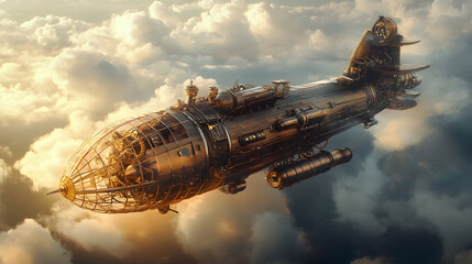 Futuristic steampunk dirigible soaring through sunset clouds - imaginative adventure design for posters