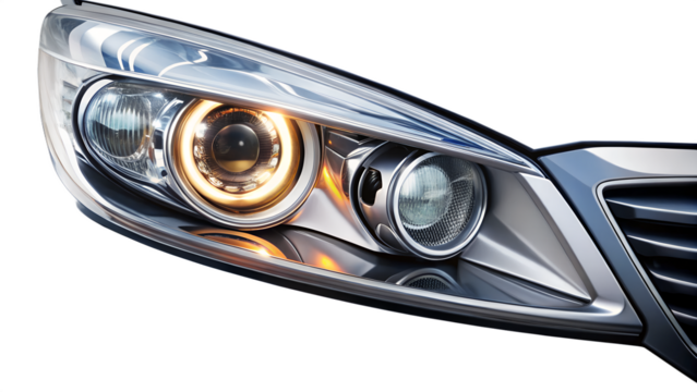Closeup of a modern car headlight with a bright light, showcasing the design and technology of the vehicle isolated on transparent background