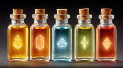Creative wellness lifestyle stock photography - A collection of colorful potion bottles, each with unique shapes and vibrant colors, showcasing the art of beverage creation and fantasy inspirations.