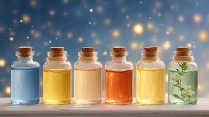 Creative wellness lifestyle stock photography - A beautiful array of glass bottles filled with colorful liquids, showcasing a captivating blend of hues and textures against a gentle, sparkling