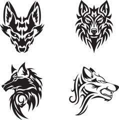 wolf head vector tribal tattoo set, wolf head silhouette vector tattoos