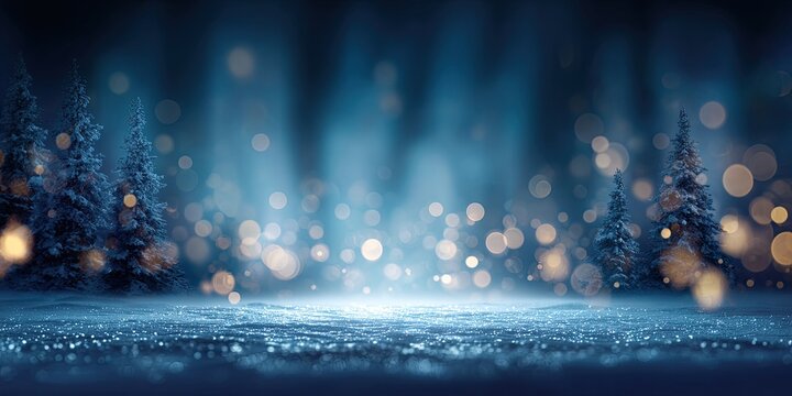 Snowy winter forest at night, bathed in soft, magical light