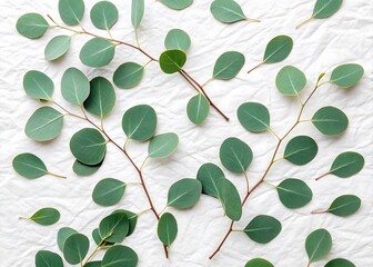 Flat Lay Eucalyptus Leaves on White Paper Texture