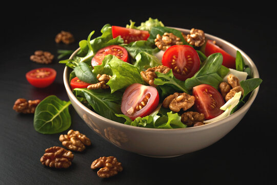 Fresh green salad with tomatoes and walnuts in a bowl