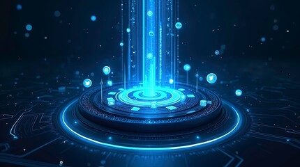 Digital interface with glowing blue holographic energy stream rising vertically