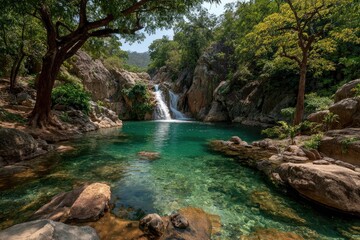 Fototapeta premium Lush waterfall cascading into a tranquil pool