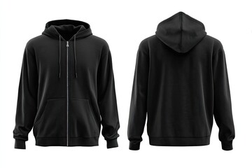 Front and back view of a black zip-up hoodie.  Blank, plain,  men's sweatshirt with a zipper and hood.  Isolated on a white background