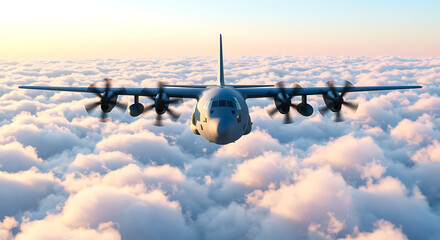 Powerful military transport aircraft soaring majestically above a sea of fluffy white clouds at sunrise