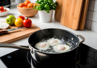 Poached eggs in simmering water in a deep saucepan on a kitchen island, bright daylight, summer.
