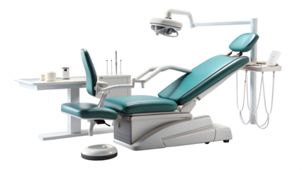 Dental chair and equipment in a modern clinic for oral health and hygiene isolated on transparent background