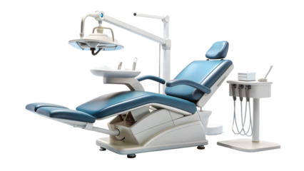 Modern dental chair and equipment in a clinic for oral health and hygiene isolated on transparent background