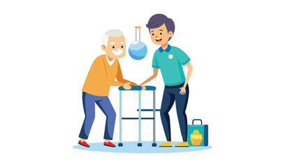 Fototapeta premium Caring caregiver assisting elderly person with a walker for mobility support