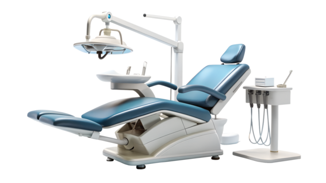 Modern dental chair and equipment in a clinic for oral health and hygiene isolated on transparent background