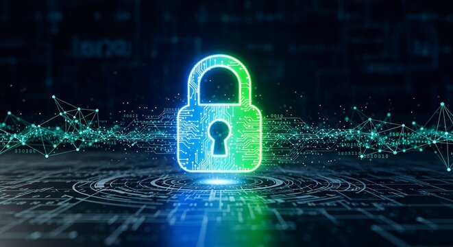 Digital Security Lock Cyber Protection with Geometric Network Connection and Glowing Technology Circuitry Background