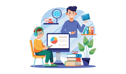 Teacher and student learning online with digital devices and educational materials