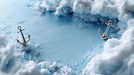  Two Metal Anchors in a Frothy Blue Ocean, Representing Stability, Security, and Protection, Safe Harbor, Nautical Theme, Business Concept