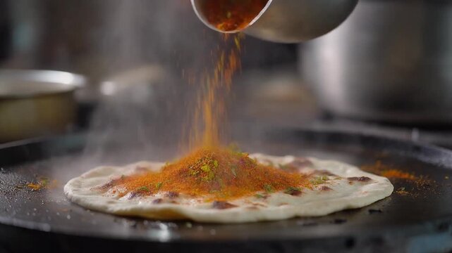Indian flatbread being seasoned with spices and sauce on a hot griddle